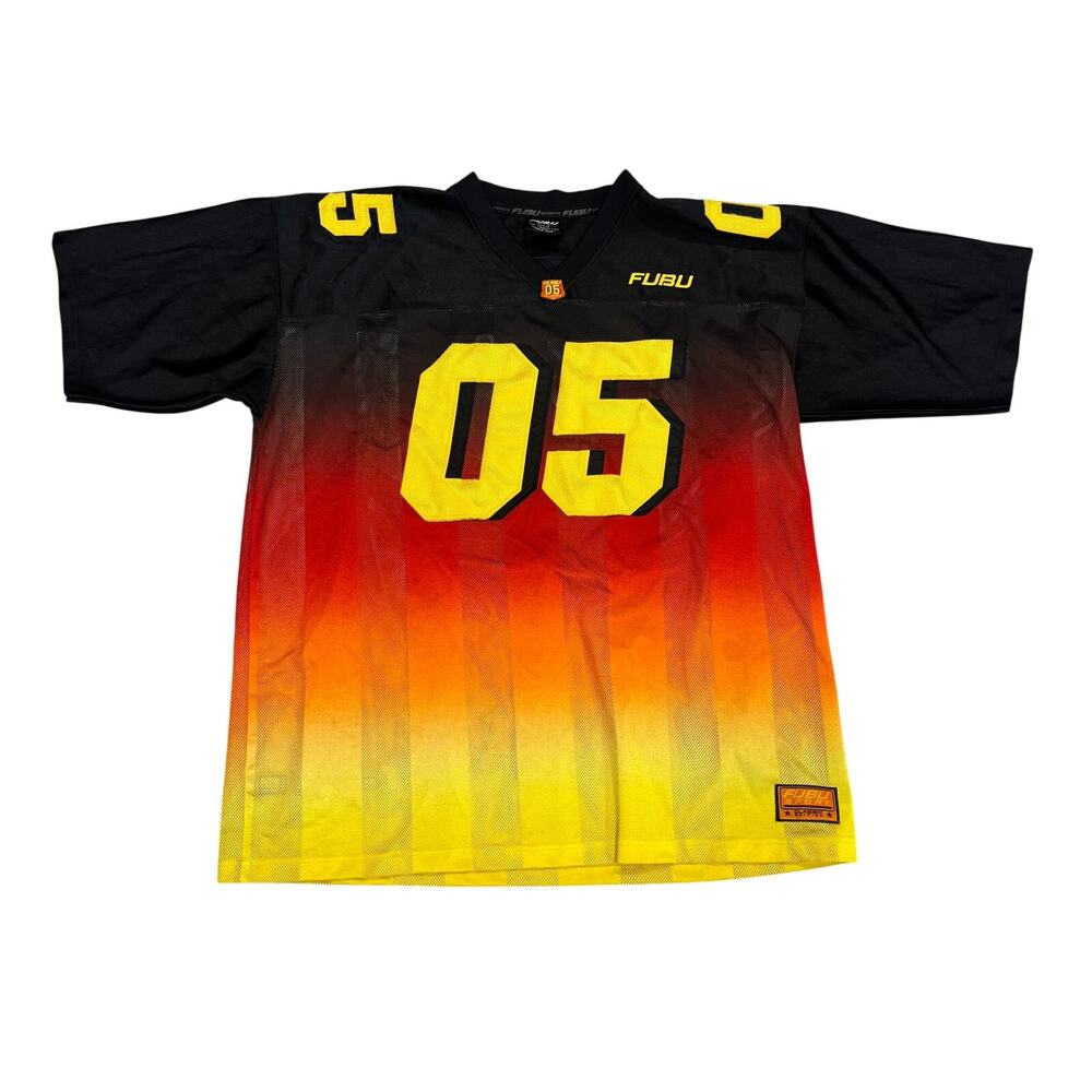 Vintage FUBU The Collection Football Jersey XXL Black Orange Fire Gradient Y2K